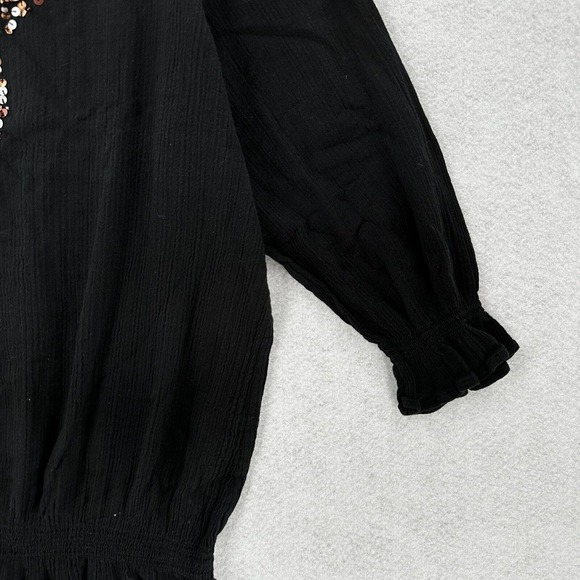 Chicos Top 3 (XL) Pullover Gauzy Sheer Black Elastic Waist Sequins Beaded Blouse - Picture 8 of 16